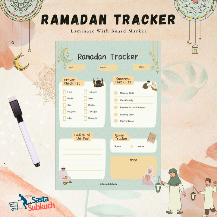 Ramadan tracker A4 size laminate with board marker , Ramadan planner , SastaSubKuch