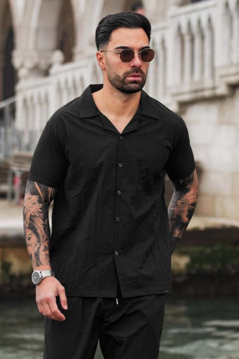 London Bridge - Monaco Crinkle Textured Poly Cotton Shirt for Men - Black