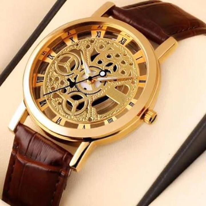 Golden Skeleton Quartz Movement Transparent Back Watch (New)