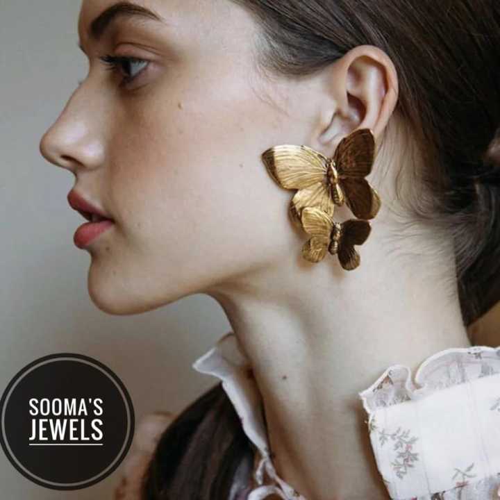 Docona Trendy Gold Double Butterfly Stud Earrings for Women Gift Charm Gold Metal Wing Earrings Statement Jewelry