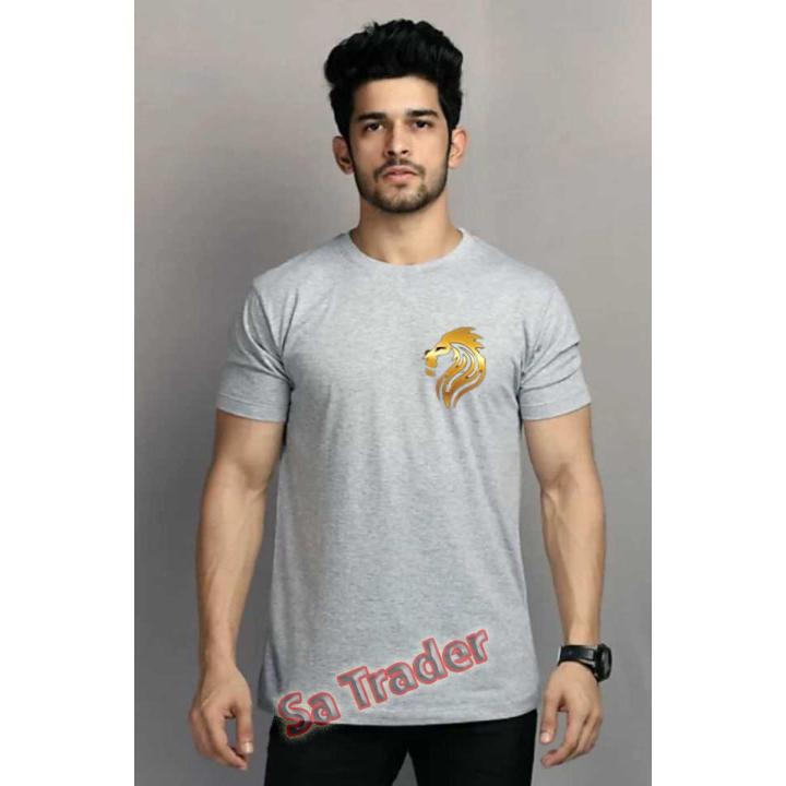 Solid Men Lion Summer Round Neck Grey T-Shirt in Export Quality fabric ...
