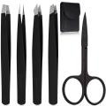 Tweezers Set of 5, Stainless Steel Eyebrow Tweezer Scissors Set with Travel Case for Brow Facial/Ingrown Hair, Splinter (Black). 