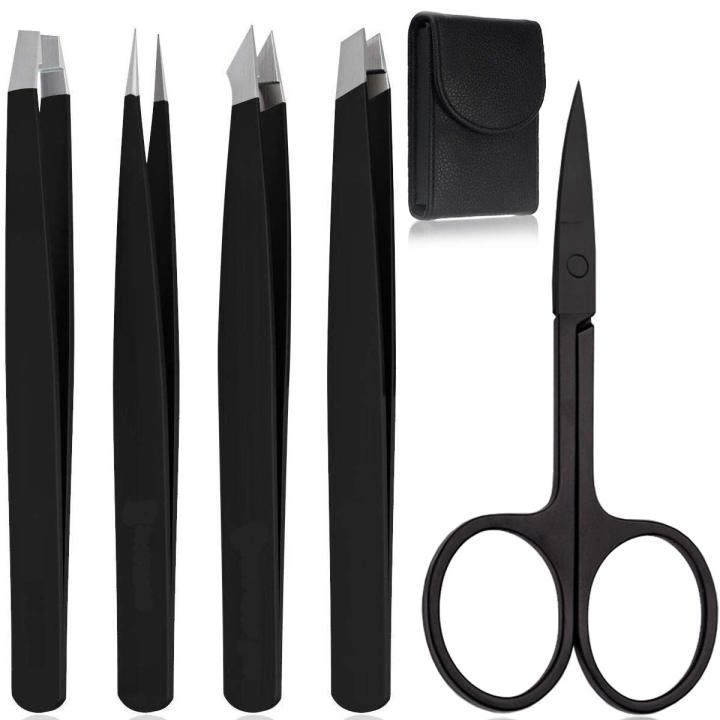 Tweezers Set of 5, Stainless Steel Eyebrow Tweezer Scissors Set with Travel Case for Brow Facial/Ingrown Hair, Splinter (Black)