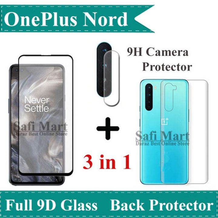 OnePlus Nord Complete Black 9D 6D 5D 10D 21D 11D Tempered Glass Full Glue Screen Guard + Back Jelly Protector Hydrogel Soft Film Protection + 9H Flexible Camera Lens Protector For 1+Nord - Transparent