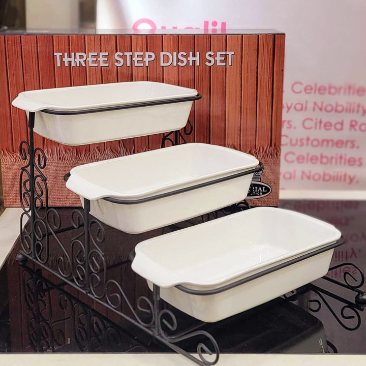 Premium Quality Three Step Serving Dish Set - Material Ceramic - Dish Size 10"- Super Quality Three Step Serving Dishes Set With Metal Black Stand.