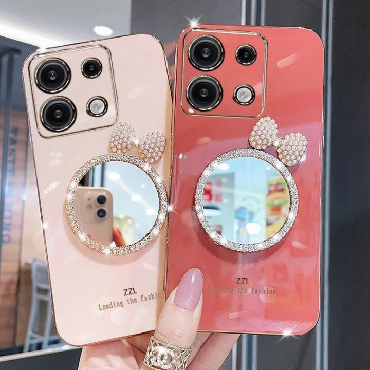 For Infinix Note 30 / Note 30i / Note 30 Pro / Note 30 VIP Back Cover with Bowknot Makeup Mirror Luxury 6D Plating Square Bumper Girls Phone Case Shiny Soft Silicone Protective Cases Pouch