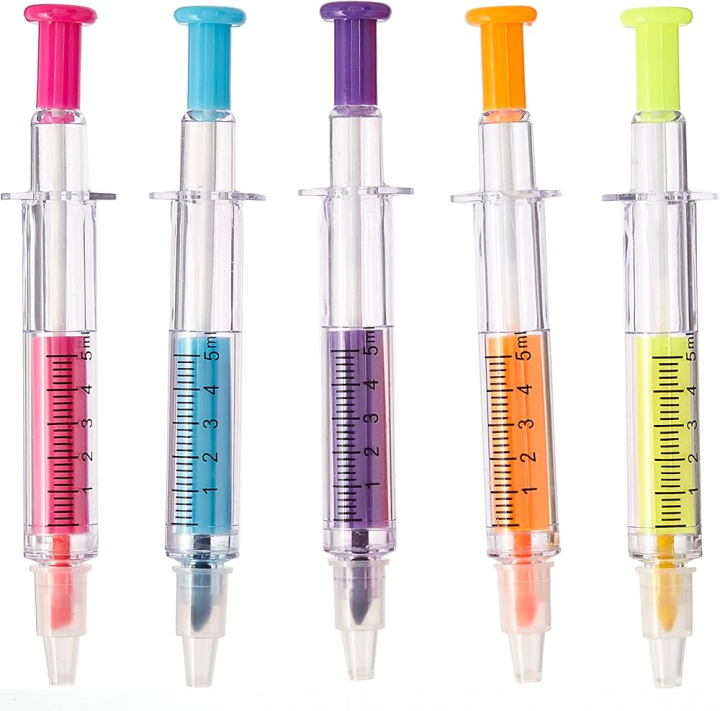1pcs 2 in 1 Syringe Highlighter with Writing Pen Plastic School Office Nurse Doctor Student Novelty