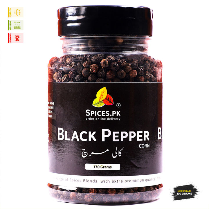 Organic Whole Black Pepper (Kali Mirch) – Premium Black Peppercorns for Curries, Steaks & Spice Blends – 170g