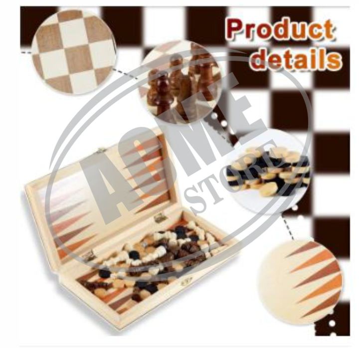 Wooden Chess Board Set Folding Chess Checkers Backgammon 3 in 1 Game ...