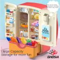Pretend Play Toy Refrigerator With Colorful Dazzling Lights & Music Intelligent Cool Spray Fridge Kitchen Gift Set With Fruits & Accessories For Kids - 1986. 