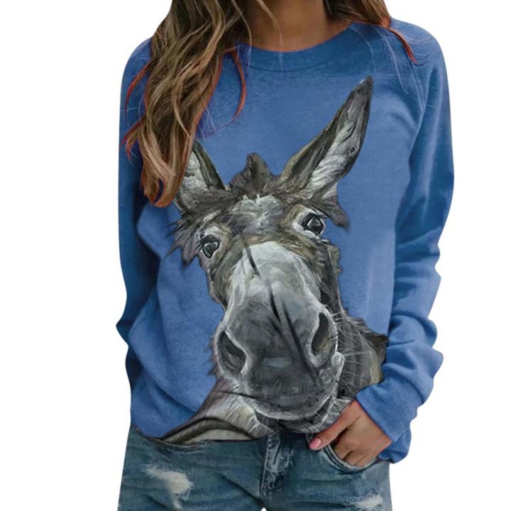 G&H Women Fashion Autumn Long Sleeve Pullover Blouse Donkey Print Loose Sweatshirt