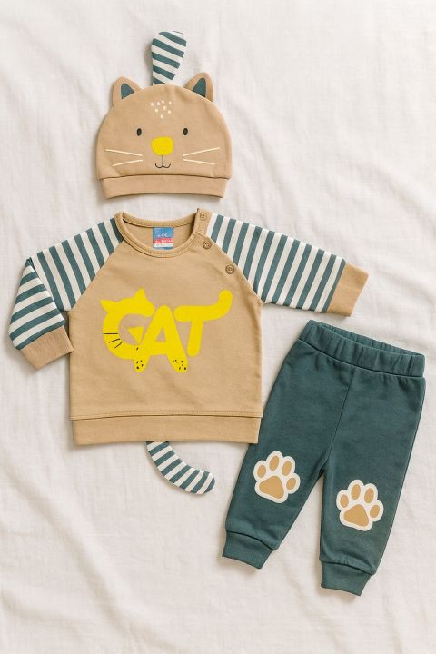 3-Piece Baby Cat Suit for Newborns & Toddlers - Soft Cotton Baba Suit with Cat Ears Cap - Unique and Fun Baby Boy Dress Set