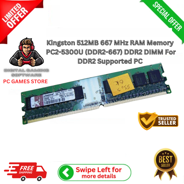 Kingston 512MB 667 MHz RAM Memory - PC2-5300U (DDR2-667) DDR2 DIMM For DDR2 Supported PC