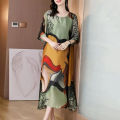 Casual Loose Vintage Floral Printed Long Dress Folk Women's Clothing Straight All-match Patchwork Summer Short Sleeve Dresses. 