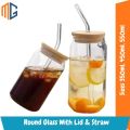 Round Glass Tumbler Can with Glass Straw and Lid Glass Sipper with Straw for Fruit Juice Milk Mug. 