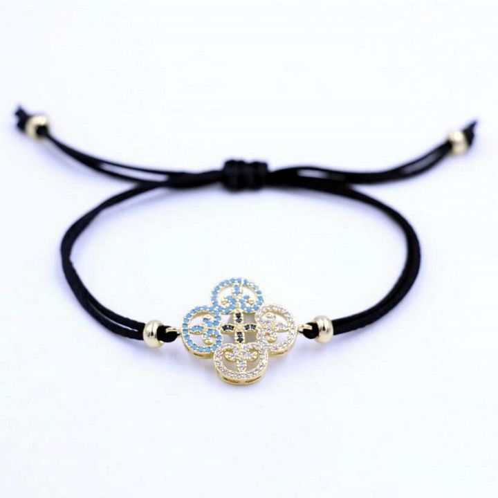 Gold Color Micro CZ Four Leaf Clover Crosses Black Rope Bracelet Men Boys Girls Love Red Thread Couples Bracelet Women Jewelry