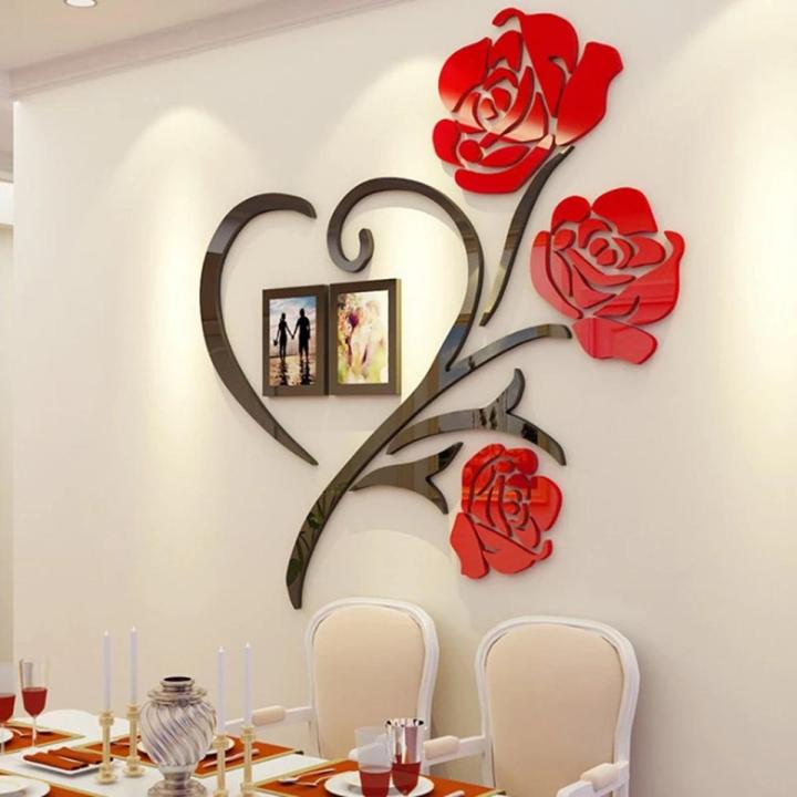 Rose Flower 3D Wooden Wall Stickers Set, Multi-Piece Decorative DIY Frame Poster for Bedroom & Living Room