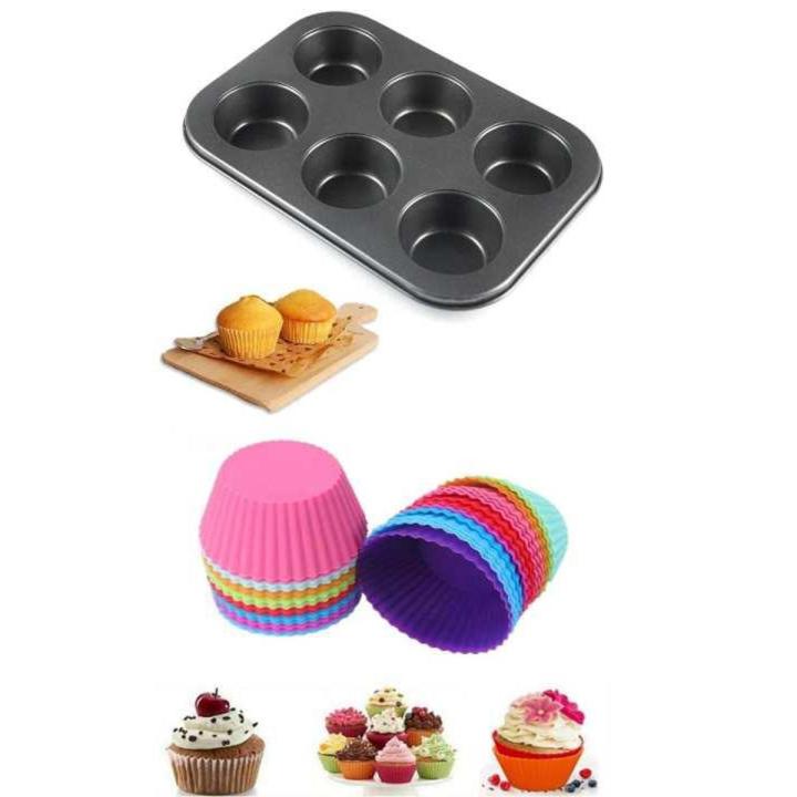6 Cupcake Muffin Baking Tray Non-Stick Mould with Baking Cups - 50 Pcs