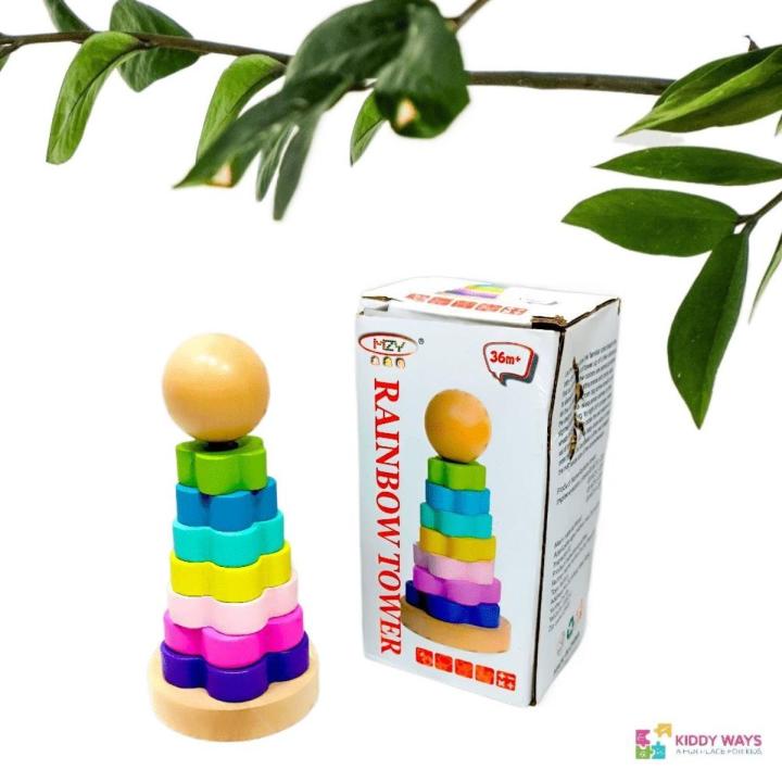 Balance the ball toy wooden balance the ball tower toys wooden rainbow balance the ball Rainbow Wooden Ring Tower 8 Pcs Multicolor Wooden Mentosery toy Rainbow Tower For early education toy For Kids Boys and Girls