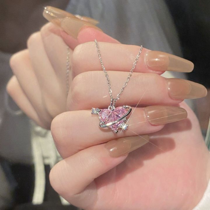 YK2 Necklace Pendant For Women Jewelry Pink Gemstone Love Necklace Luxury Design Sweet Pink Heart Planet Collar