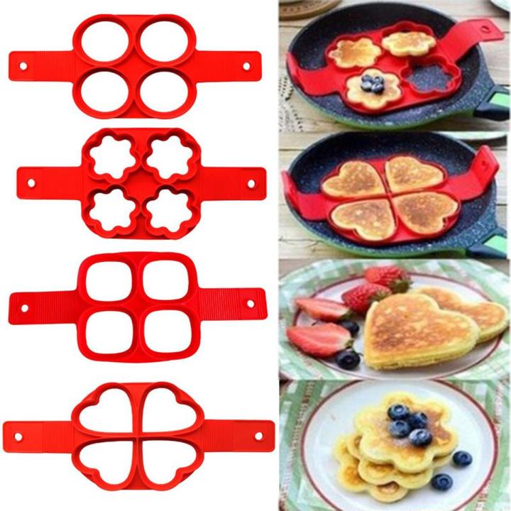 【HOT】 4 Holes Nonstick Pancake Maker Molds Silicone Mold For Frying Pan Round/Square/Heart/Flower Shape Mould DIY Cooking Gadgets