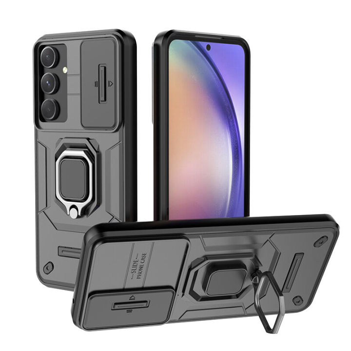 For Samsung Galaxy A55 5G Case With Slide Camera Cover Built in 360° Rotate Ring Stand Kickstand Full-Body Rugged Shockproof Protective Phone Cover