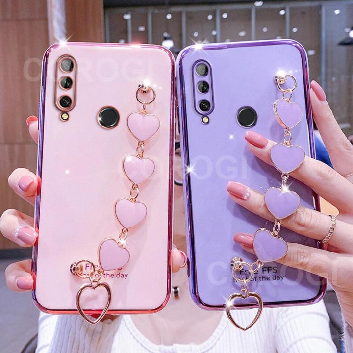 For Huawei Y9 Prime 2019 Back Cover + Love Heart Bracelet Luxury Glossy Shiny Plating Bumper Ladies Case Soft Silicone Protective Phone Cases