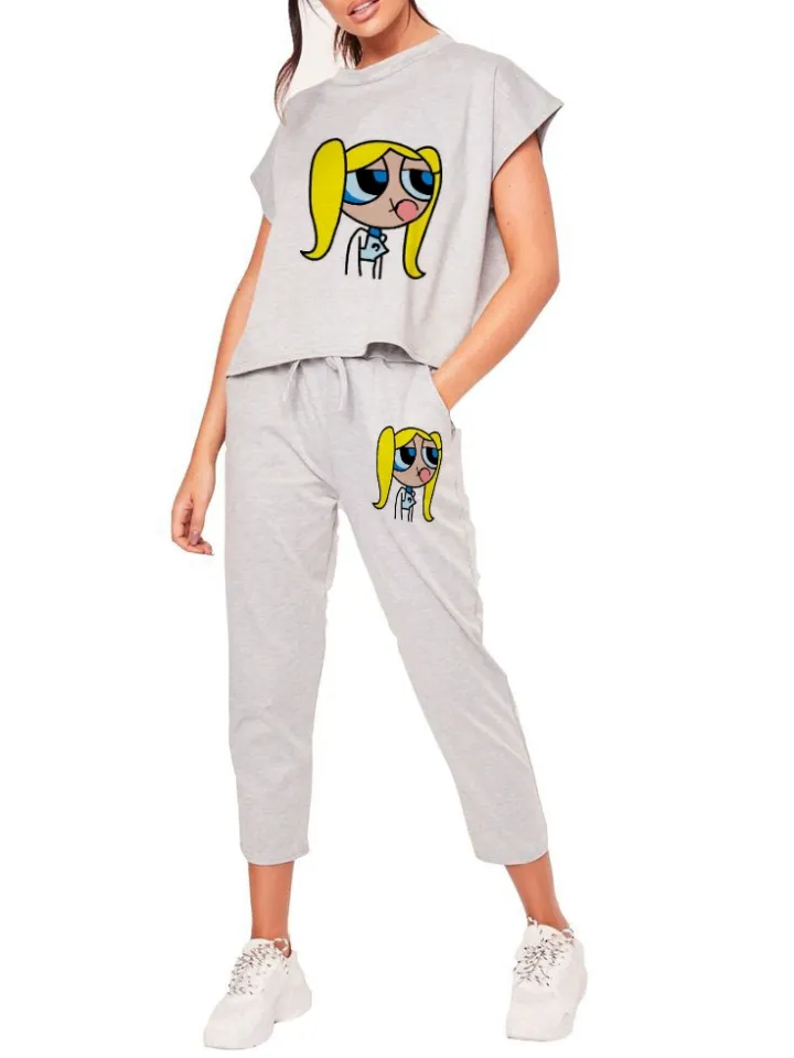 Grey Power Puff Girls Printed Cotton Summer Tracksuit For Women Daraz.pk