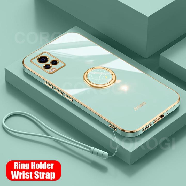 For Vivo V20 Back Cover with Ring Holder Stand + Wrist Strap Shiny Plating Square Bumper Protective Case Soft Silicone Shockproof Mobile Phone Cases