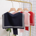 Happy night Korean College Navy Stripe Wool Knit Shoulder Cape Knotted Warm Shawl Summer Air Conditioned Room Protect Neck Woman's Scarf. 