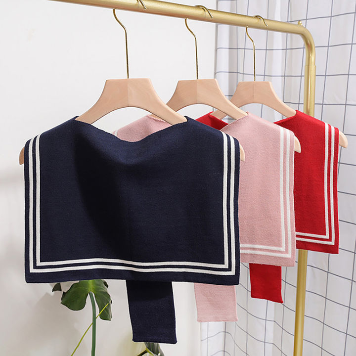 Happy night Korean College Navy Stripe Wool Knit Shoulder Cape Knotted Warm Shawl Summer Air Conditioned Room Protect Neck Woman's Scarf