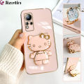 Jizetin for Infinix Note 11 / Note 12 G88 / X663 Back Cover + Mirror + Hello Kitty Bracket 360 Rotation Luxury Plating Fashion Holder Phone Cases. 