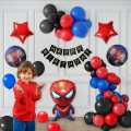 Spiderman Theme Birthday Decoration Items Kit for Boys includes Black, Red and Blue Balloons with Spider man Foil Balloon set and Black Happy Birthday Banner- Set of 53 Items. 