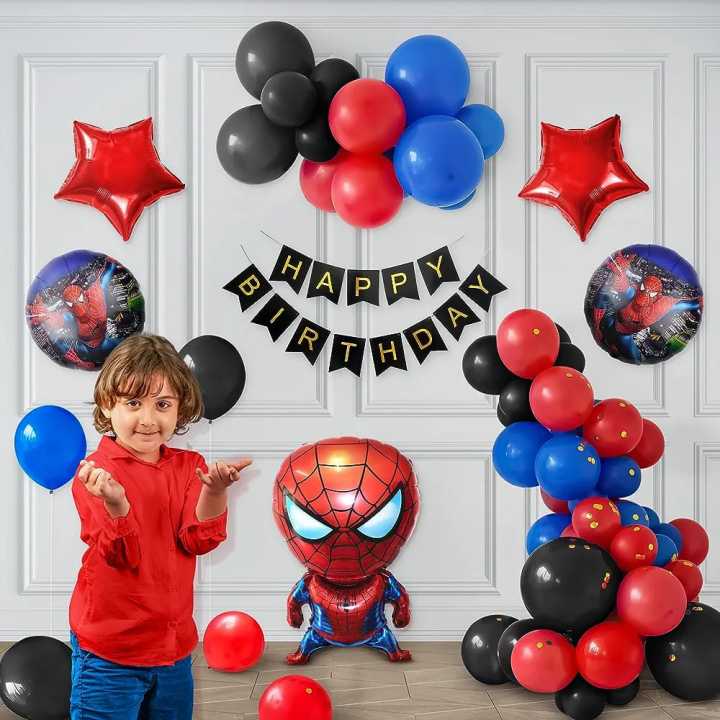 Spiderman Theme Birthday Decoration Items Kit for Boys includes Black, Red and Blue Balloons with Spider man Foil Balloon set and Black Happy Birthday Banner- Set of 53 Items