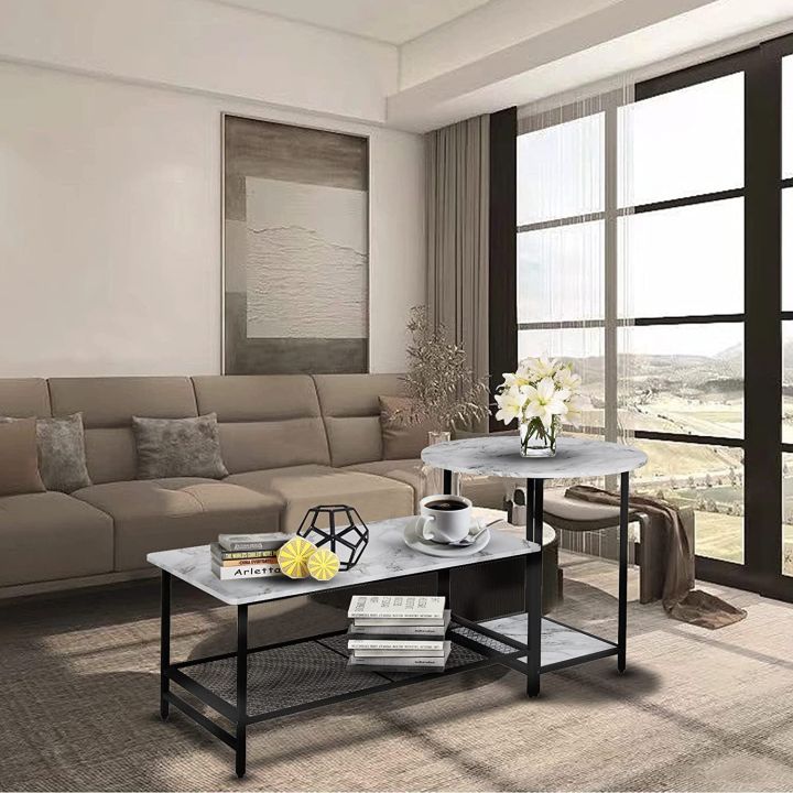 Coffee%20Table%20Black%20Marble%20Set%20of%201%20Round%20and%20Long%20Rectangle%202%20Tiers%20Wood%20Storage%20Shelf%20Detachable%20Living%20Room%20Black%20and%20white%20Marble%20-%20Image%205