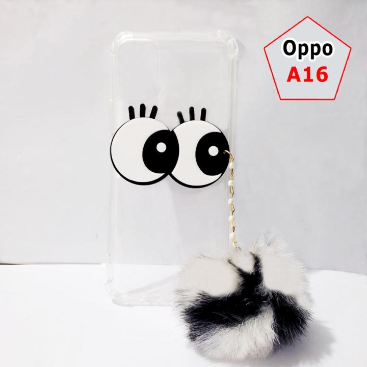 Oppo A16 Back Cover Case - Girls Fancy Case - 2Gud Ladies Mobile Cover Case Pouch & Fluffy Wool Pom Pom Eyes - OppoA16 Anti Shock Corner Bumper Air Bag Soft - Black White Ball