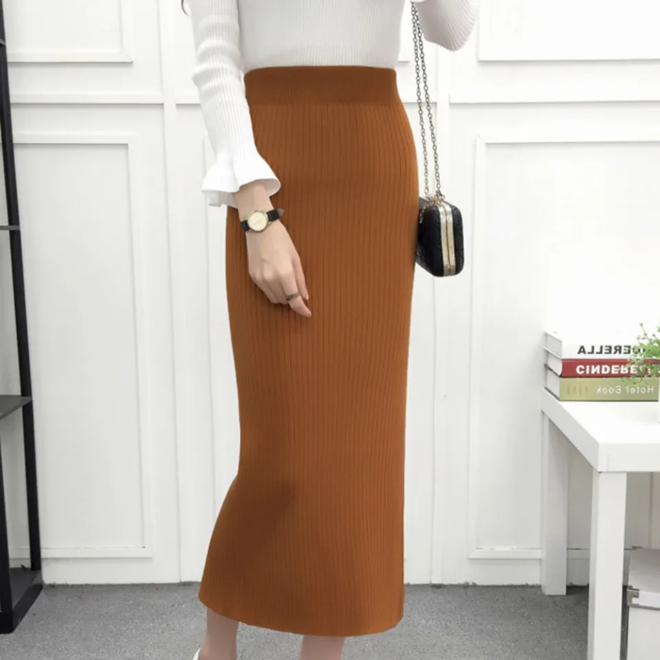 Women Elastic Waistband Back High Slit Ribbed Knitted Long Skirt Daraz.pk