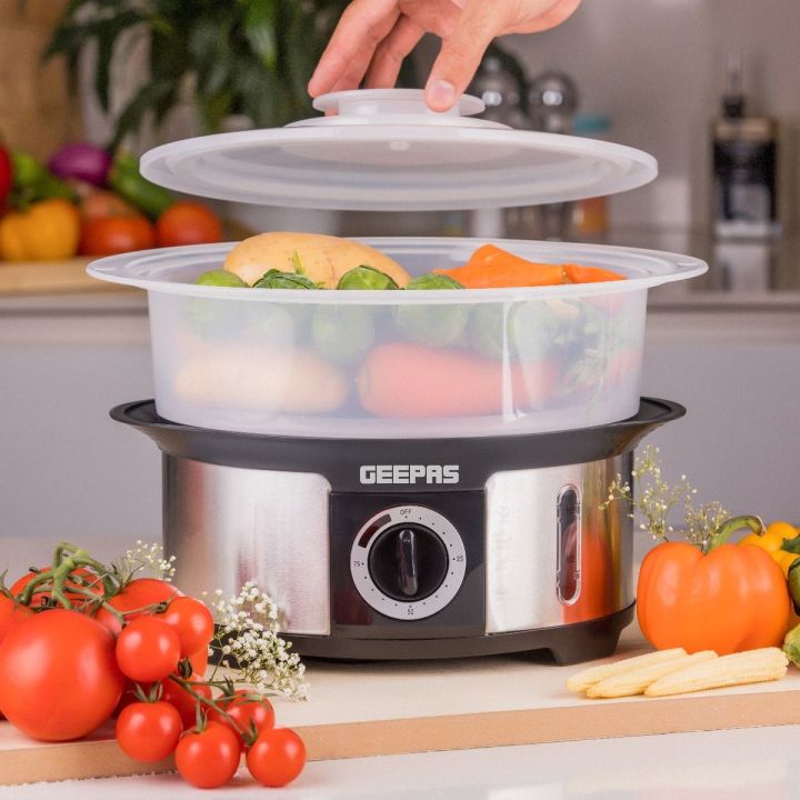 IMPORTED PROFESSIONAL  Geepas GFS63025UK Food Steamer 12L Capacity - 3 Tiers | 75 Minutes Timer | Stainless Steel Housing | Makes Healthy Food, Meat, Fish & Steam | 2 Year Warranty