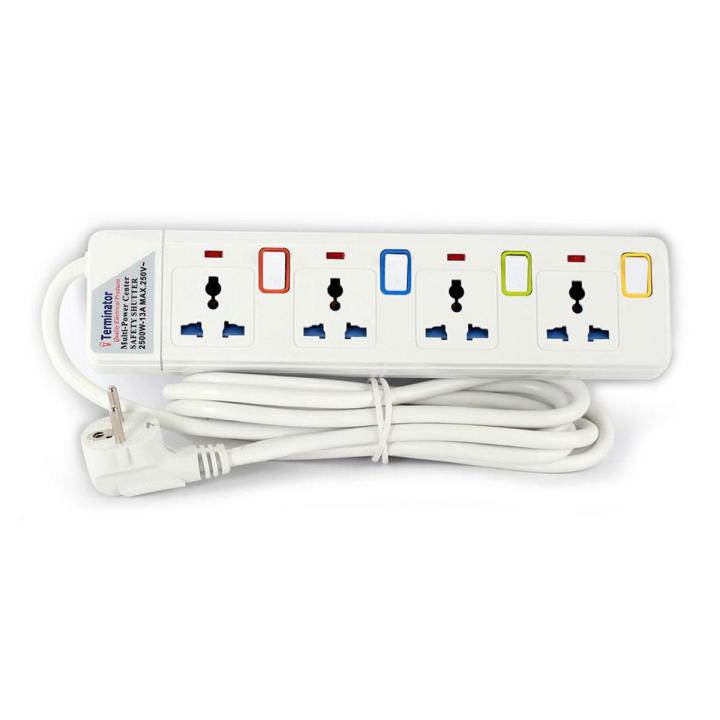 4 Way Universal Power Extension Socket With Individual Switches & Indicator, 5 Meter Cable (1.00mm) x 3 Core, Suchko 2 Round Pin Plug