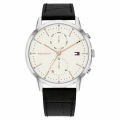 Tommy Hilfiger Easton Black Leather Strap Silver Dial Chronograph Quartz Watch for Gents - 1710434. 