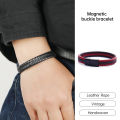 [Y] Fashionable Men Bracelet Vintage Woven Leather Rope Simple Magnetic Buckle Bracelet Y. 