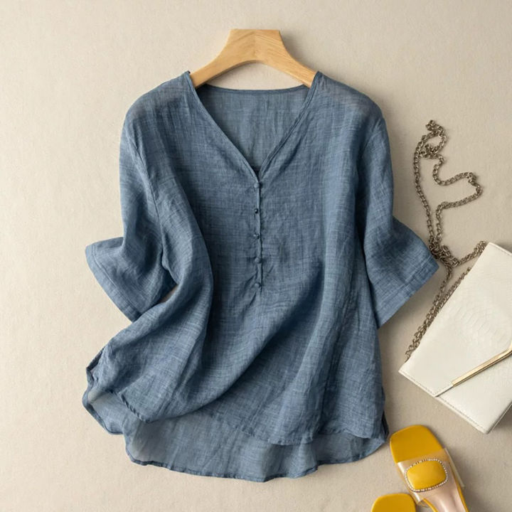 Women%20Cotton%20Linen%20Tops%20Retro%20Loose%20Solid%20Color%20Blouse%20Elegant%20V%20Neck%20Pullover%20Short%20Sleeves%20Shirt%20-%20Image%207