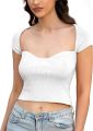 Women's Square Neck Ribbed Knitted Crop Top Short Sleeve Slim Fitted Basic Tee Shirt Blouse Tops white. 