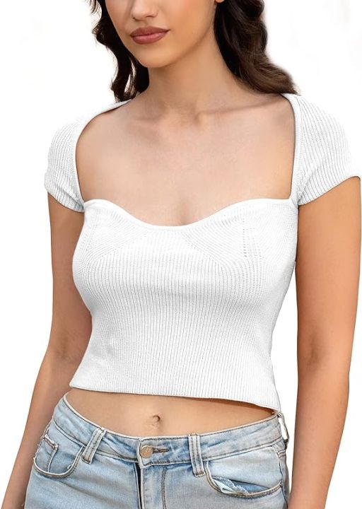 Women's%20Square%20Neck%20Ribbed%20Knitted%20Crop%20Top%20Short%20Sleeve%20Slim%20Fitted%20Basic%20Tee%20Shirt%20Blouse%20Tops%20white%20-%20Image%204
