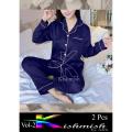 Blue Hot Sexy Silk Ladies Sleep Wear Night Dress with Shirt and Trouser (Complete Sleeping Suit) For Women and Girls. 