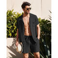 Yfashion Men Linen Shirt Shorts Set Summer Loose Casual Short Sleeve Lapel Cardigan Tops Shorts Suit color. 