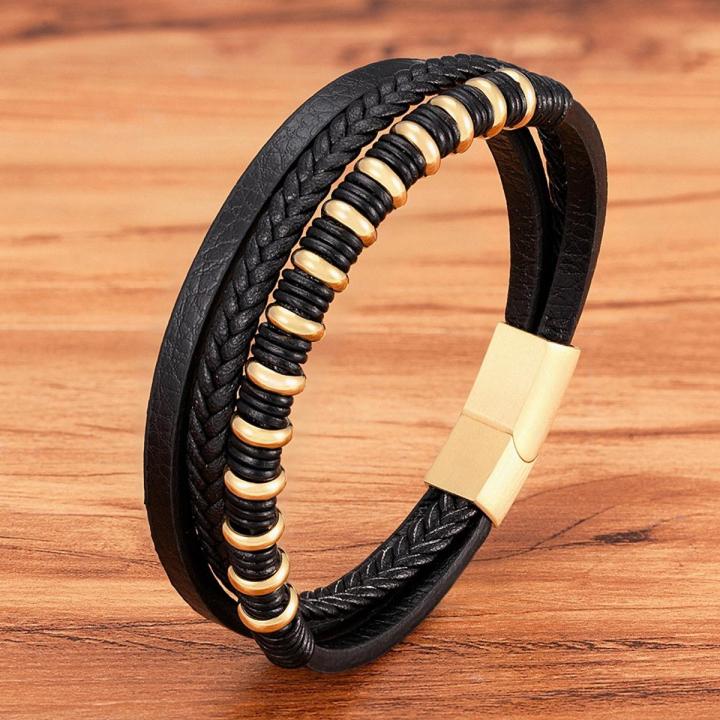 XQNI Luxury Classic Multi-layer Style Hand-woven Winding Stainless Steel Men's Leather Bracelet With Magnet Clasp Men's Jewelry
