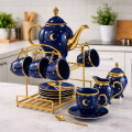 Luxury Tea Set – 6 Cups, Teapot, Milk Jar, Sugar Pot, and Spoons with Decorative Gold Rack. 