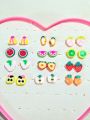 Cute Cartoon & Fruit Stud Earrings Set for Kid Girls – 6, 12 Pairs of Plastic Fun & Colorful Ear Studs. 