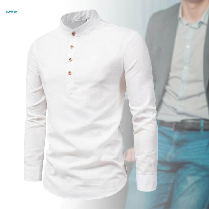 Men's Long Sleeve Shirt Beach Solid Color Soft Comfortable Band Collar Shirt XL White
